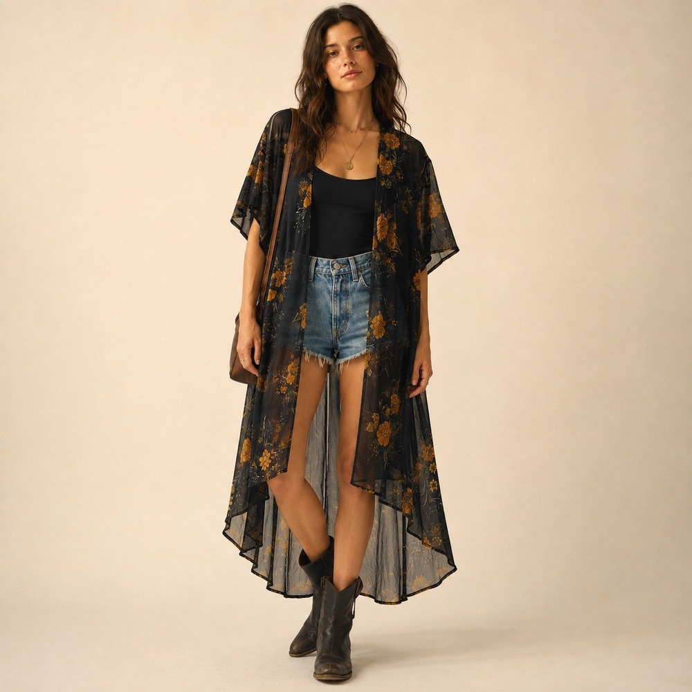 Band of Gypsies Floral Sheer Kimono Duster S Black Yellow Boho Whimsigoth Layer